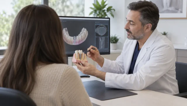 Diş hekimi ile modern klinikte yapılan tedavi planlama görüşmesi