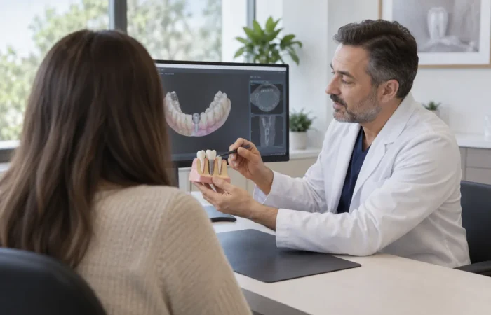 Diş hekimi ile modern klinikte yapılan tedavi planlama görüşmesi