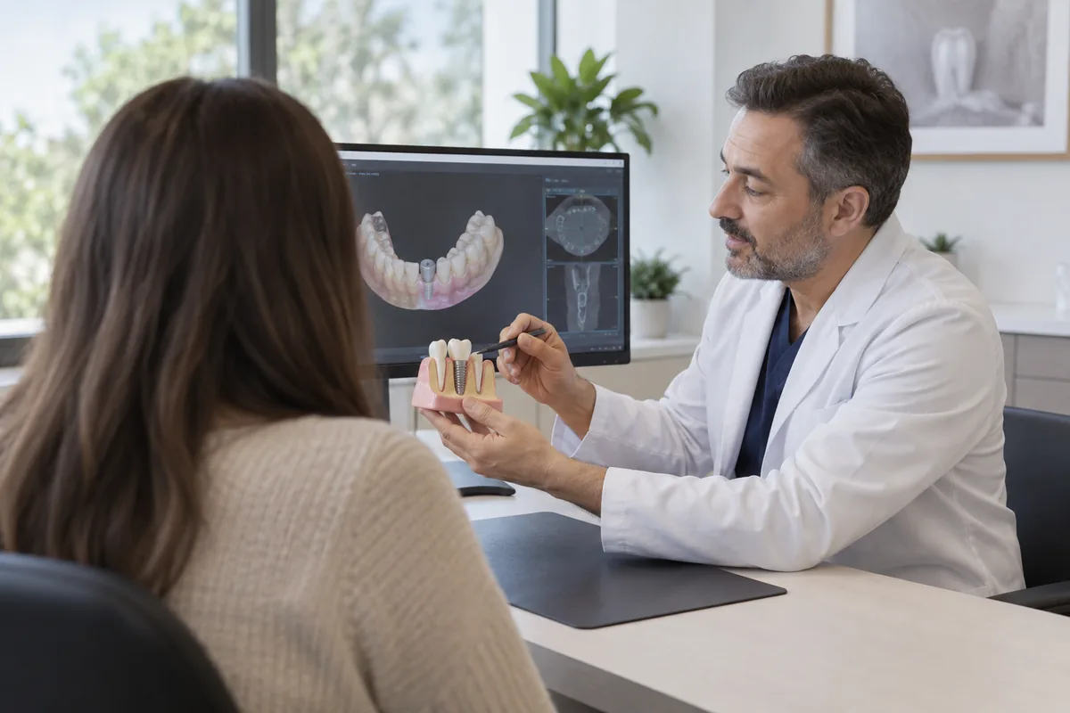 Diş hekimi ile modern klinikte yapılan tedavi planlama görüşmesi