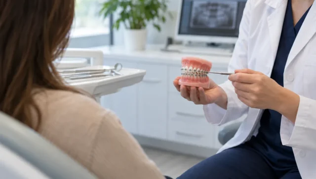 Diş hekimi ile modern klinikte yapılan tedavi planlama görüşmesi
