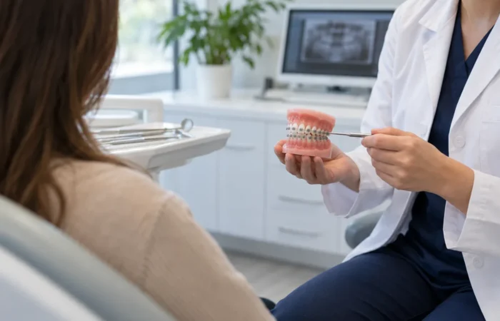 Diş hekimi ile modern klinikte yapılan tedavi planlama görüşmesi