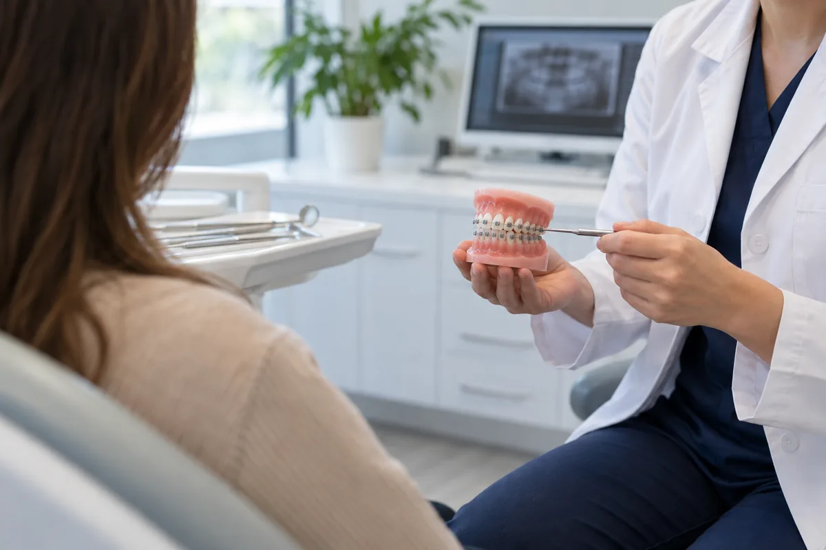 Diş hekimi ile modern klinikte yapılan tedavi planlama görüşmesi