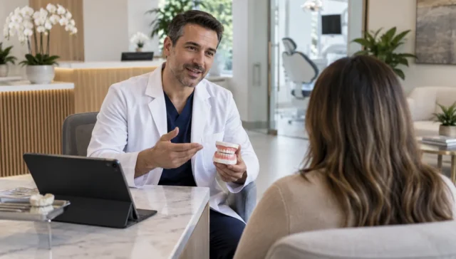 Diş hekimi ile modern klinikte yapılan tedavi planlama görüşmesi