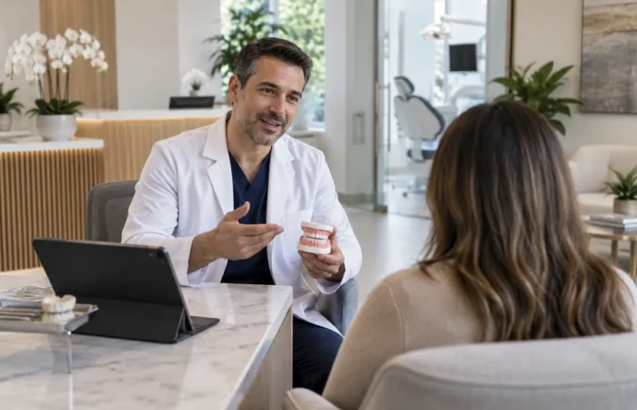 Diş hekimi ile modern klinikte yapılan tedavi planlama görüşmesi
