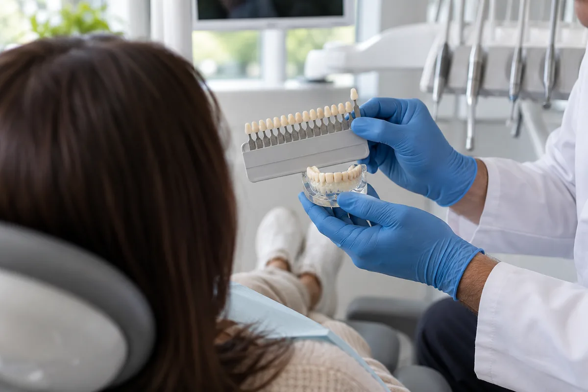 Diş hekimi ile modern klinikte yapılan tedavi planlama görüşmesi